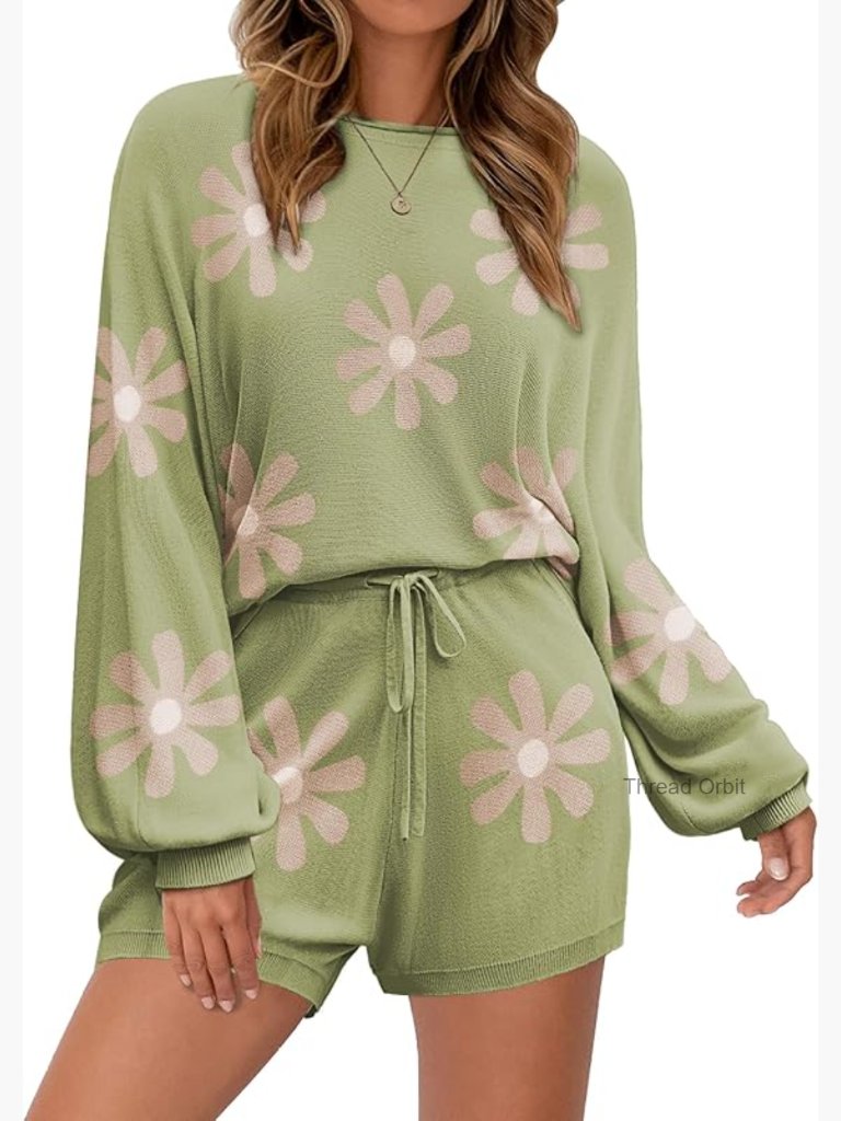 Soft Knit Pajama Set Long Sleeve Crop Top High Waist Shorts Lounge Wear